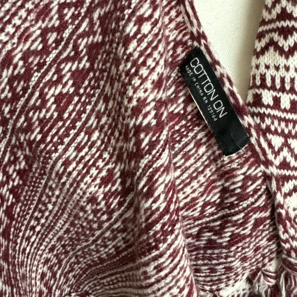 Long Scarf Nordic Style Burgundy ( Wine ) & White Fringe